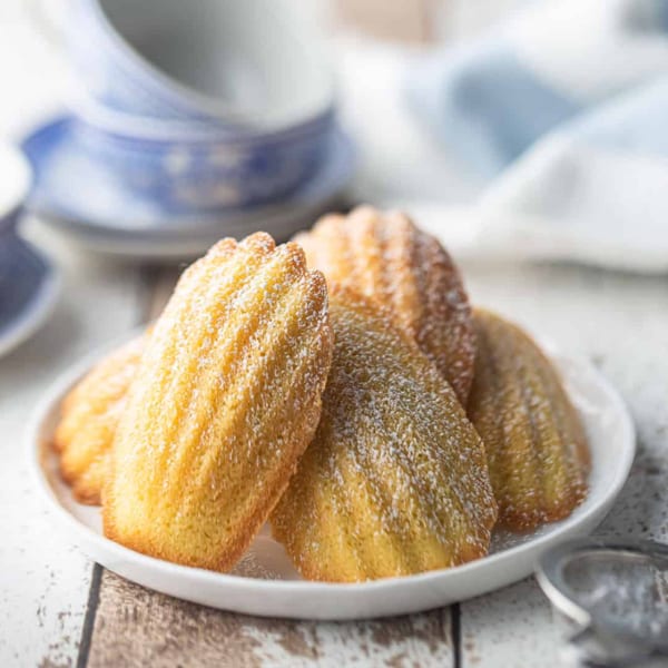 A white plate holds several golden-brown madeleines dusted with powdered sugar on a rustic wooden table.