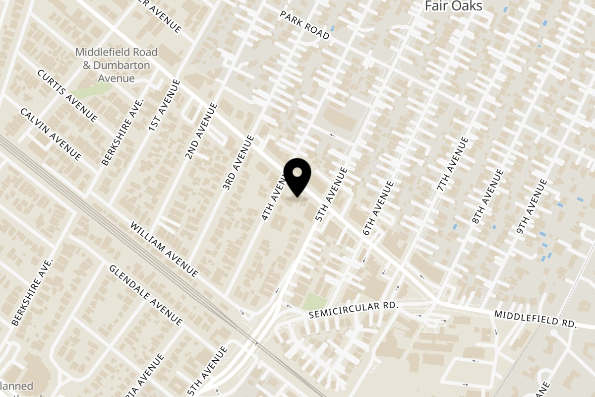 Map showing the location of Brew Coffee and Bakery on 3176 Middlefield Rd in Redwood City